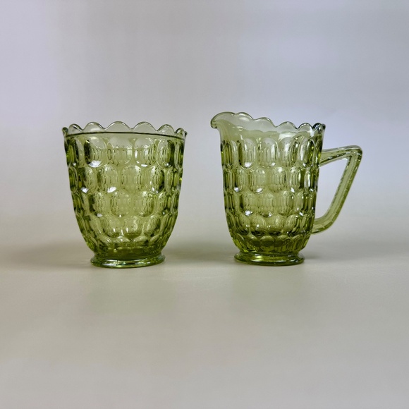 Vintage Fenton Green Thumbprint Glass Creamer & Sugar Bowl Set | Mid-Century - Picture 2 of 14